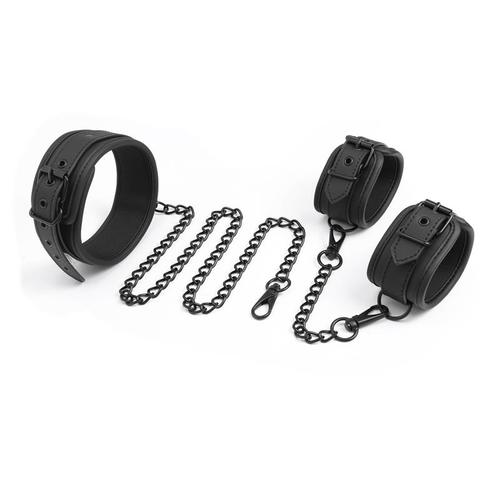 קולר דמוי עור טבעוני לצוואר עם סט אזיקים Intoyou - Collar and Hand Cuffs Set Vegan Leather