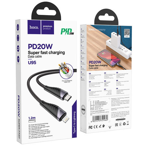 כבל טעינה וסינכרון נתונים  Hoco Cable Type-C to Lightning “U95 Freeway” PD 20W charging data sync 