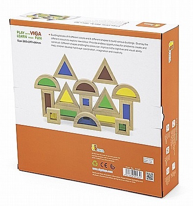 16 קוביות בניה גדולות מעץ עם חלון צבעוני שקוף