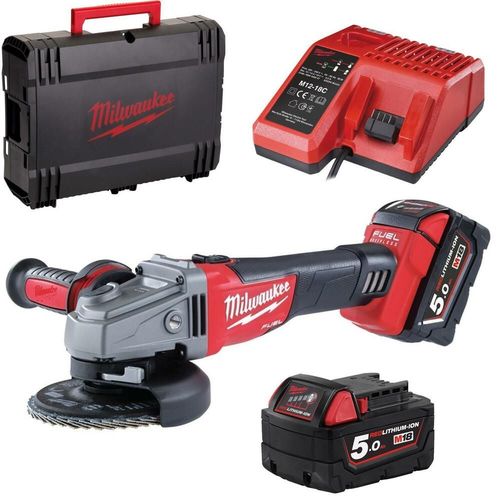 משחזת זווית 18V ללא פחמים + שתי סוללות 5 אמפר - milwaukee M18 CAG-115X 
