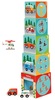 מגדל 5 קוביות קרטון + 3 רכבי משחק מעץ - כלי תחבורה