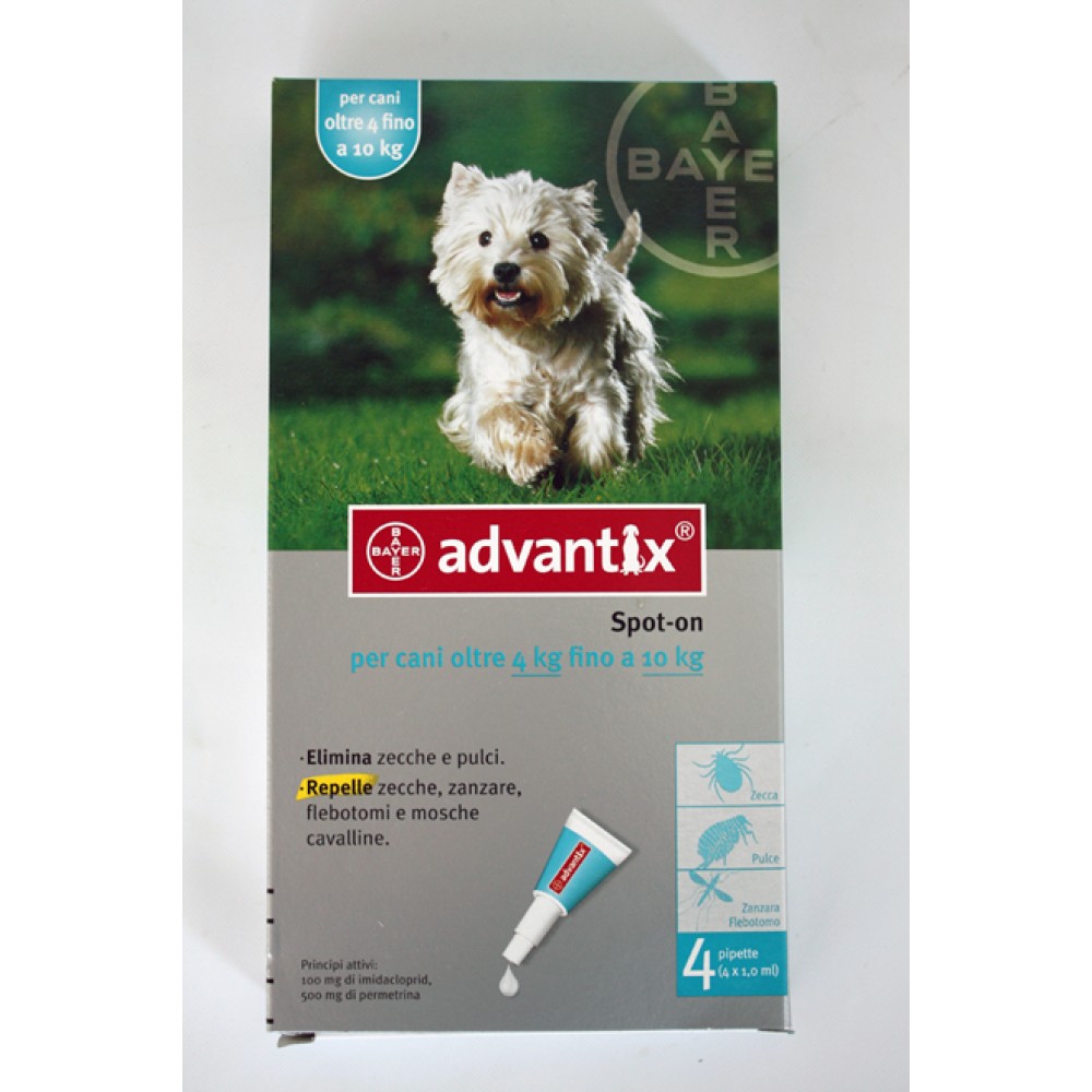 אדוונטיקס  Advantix טיפות (4 אמפולות) למניעת קרציות ופרעושים לכלבים מ4-10 ק"ג
