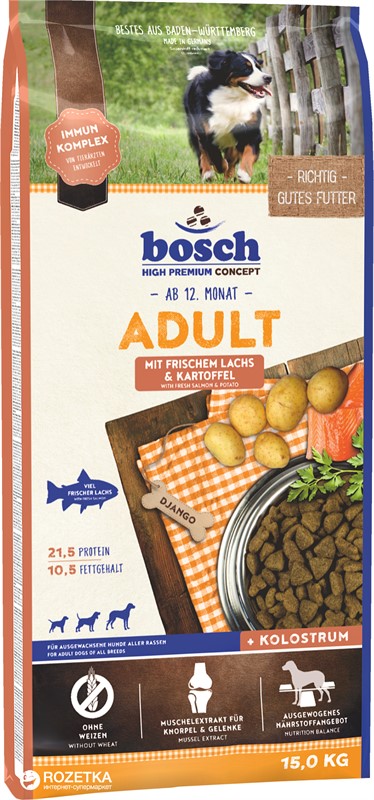 בוש Bosch מזון לכלב בוגר מכל הגזעים ללא גלוטן סלמון ותפו"א 15 ק"ג