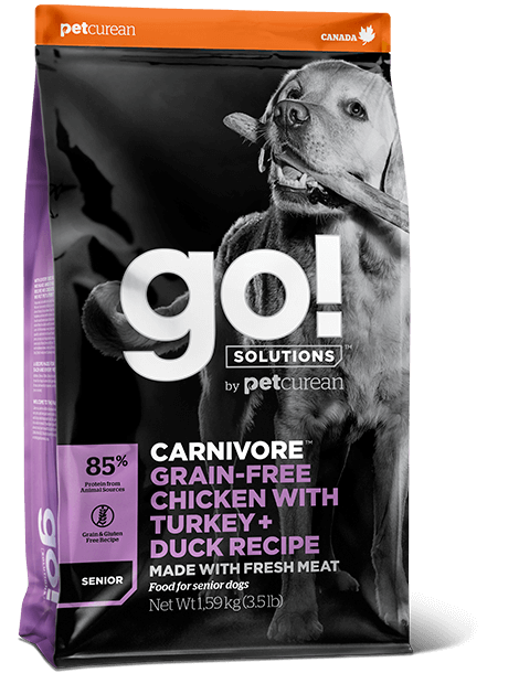 GO! SOLUTIONS CARNIVORE גו! סניור ללא דגנים לכלב מעל גיל 7 מכל הגזעים עוף,הודו וברווז 10 ק"ג