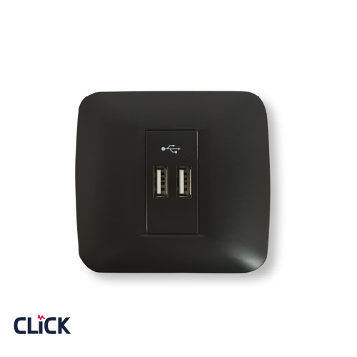 שקע USB 2.4A CLICK כפול לקופסא עגולה (55) מתח/זרם 230/16A בצבע שחור מט 