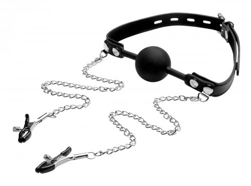 מחסום פה גאג בול עם זוג מצבטי פטמות XR Brands - Silicone Ball Gag with Nipple Clamps 