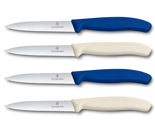 רביעיית סכיני ירקות כחול לבן – להב שפיץ משונן VICTORINOX / ויקטורינוקס