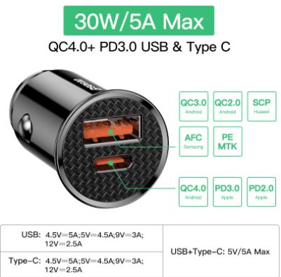מטען רכב מהיר עם חיבור TYPE C וחיבור USB