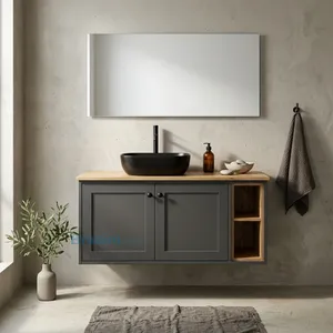 ארון תלוי עץ ו-MDF כרם עם כיור מונח ומדפים פתוחים