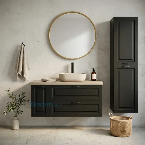 ארון אמבטיה תלוי חרמש MDF ירוק אפור כהה עם 2 מגירות דלת וכיור מונח לבן.