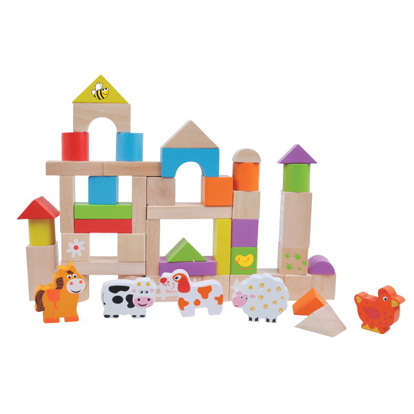 דלי עם קוביות מעץ ו 5 דמויות חיות החווה - Pit Toys