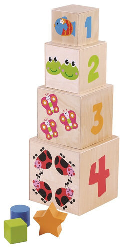 מגדל 4 קוביות עץ ללימוד צבעים, מספרים וחיות - Pit Toys