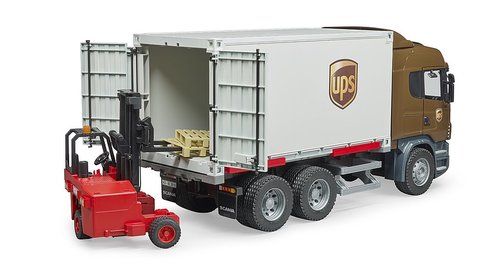 סט משאית הובלה UPS סקניה R עם ארגז נפתח ומלגזה עם משטחים