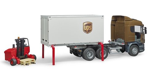 סט משאית הובלה UPS סקניה R עם ארגז נפתח ומלגזה עם משטחים