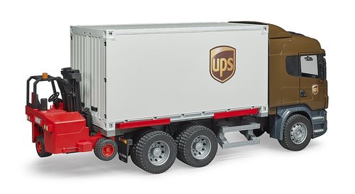 סט משאית הובלה UPS סקניה R עם ארגז נפתח ומלגזה עם משטחים