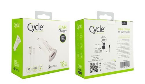 מטען רכב מהיר Cycle CYC3AQ-L עם יציאת USB בתקן QC3.0 18W + כבל Lightning
