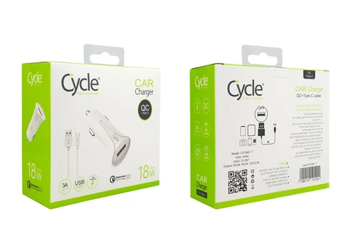 מטען רכב מהיר Cycle CYC3AQ-T עם יציאת USB בתקן QC3.0 18W + כבל Type-C