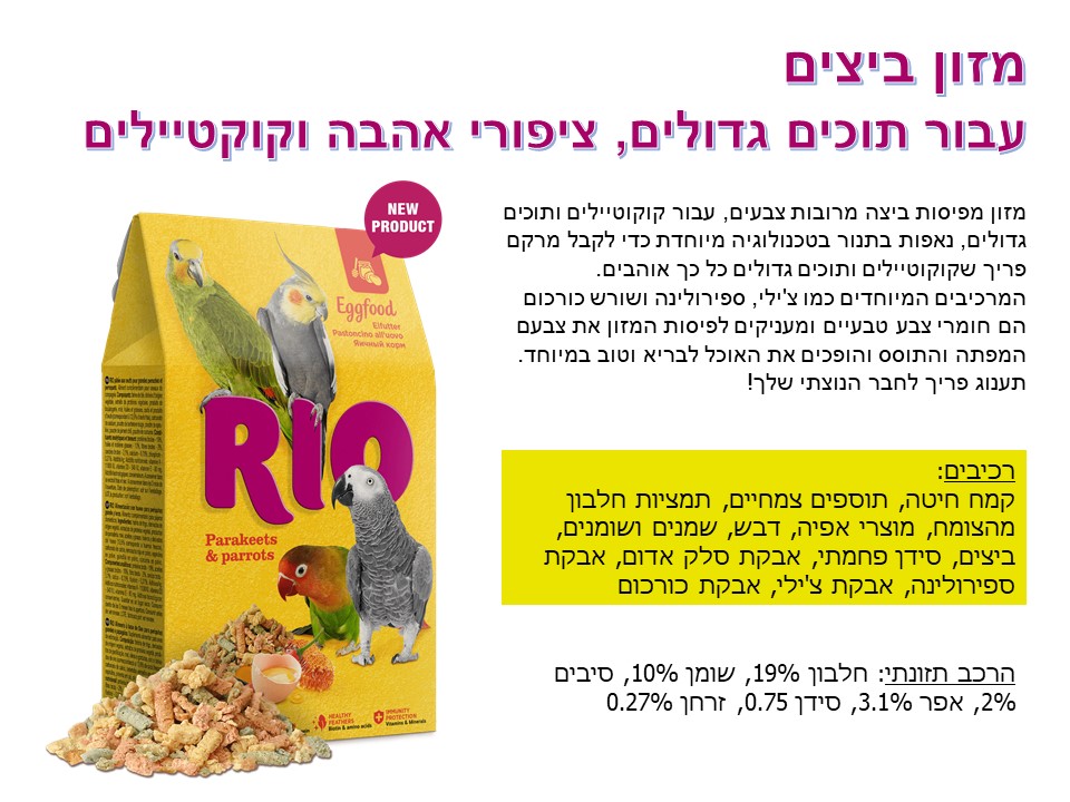 ריו  מזון ביצים לתוכי דררות, תוכים בינוניים וקטנים, 250 גרם 