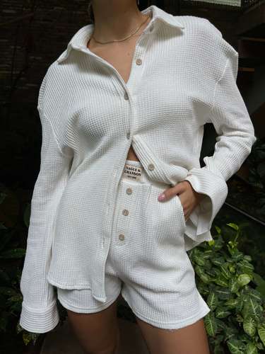 VAGUE WAFFLE BUTTON UP SHIRT WHITE - TOPS