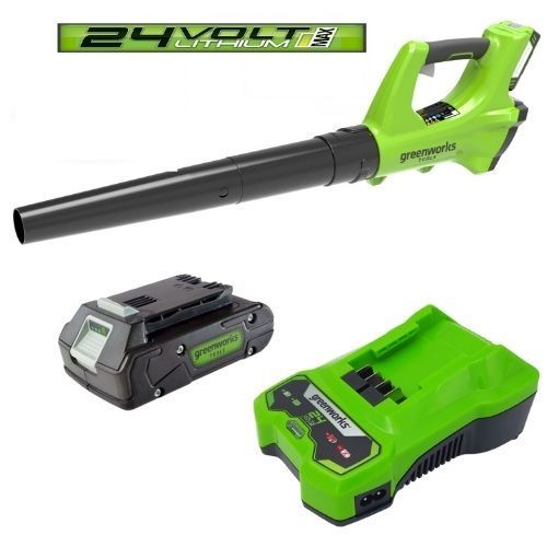 מפוח עלים GREENWORKS 24V דגם 99506-1-2 משלב עיצוב קומפקטי וסוללת 4 אמפר לתחזוקה ביתית פשוטה ויעילה