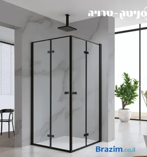 מקלחון פינתי טרויה מבית סניטק עם דלתות הרמוניקה בגימור שחור, מידה 79-81.5 ס