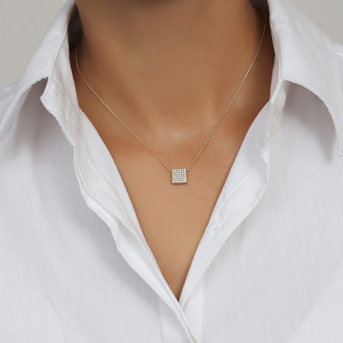 שרשרת ותליון ריבוע יהלומים 0.25 CT זהב 14K