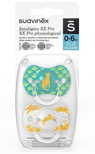 זוג מוצצי סיליקון מסדרת פזיולוגיקל SX PRO החדשה 0-6 חודשים - נמר ירוק / צהוב