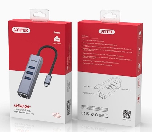 מתאם רשת + מפצל  Unitek uHUB Q4+ 4-in-1 USB-C Ethernet Hub H1904A
