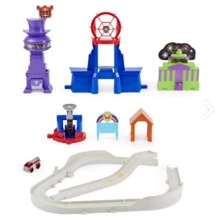 ערכת הצלה לעיר הכוללת מסילה עם משגר רכבים, מגדל העיר ושני רכבי מתכת של מרשל וליברטי