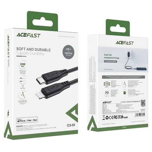 כבל טעינה ודאטה שחור AceFast C3-01 Type-C To Lightning TPE