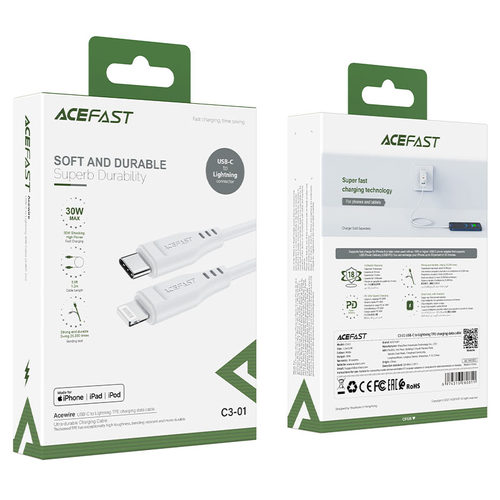 כבל טעינה ודאטה לבן AceFast C3-01 Type-C To Lightning TPE