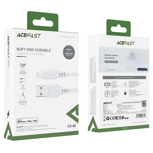 כבל טעינה ודאטה לבן AceFast C3-02 USB-A To Lightning TPE