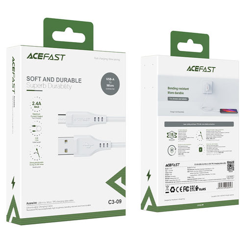 כבל טעינה ודאטה לבן AceFast C3-09 USB-A To Micro-USB TPE