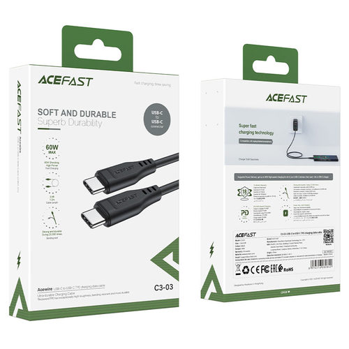 כבל טעינה ודאטה שחור AceFast C3-03 Type-C To Type-C TPE