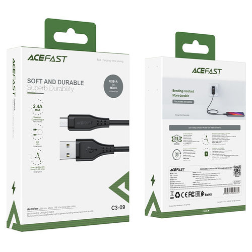 כבל טעינה ודאטה שחור AceFast C3-09 USB-A To Micro-USB TPE