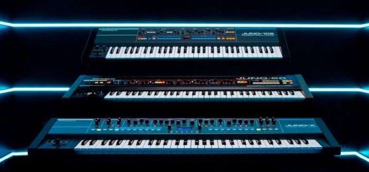 roland juno-60 juno-106 and juno-x on top of eachother