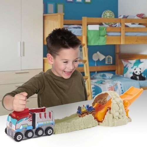 ערכת הצלה טי רקס הכוללת משאית משגר, מסלול המראה, דינוזאור מגלשה ומיני מכונית עם דמות צ'ייס