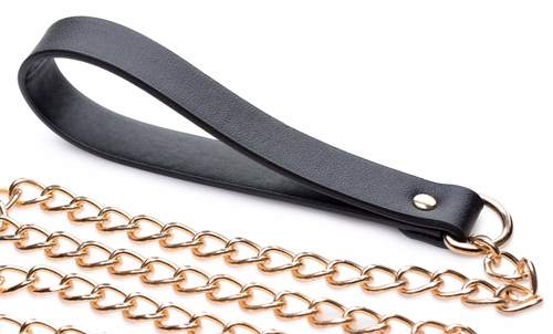 קולר קינקי שחור דמוי עור עם שרשרת משיכה  XR Brands -Leashed Lover Black & Gold Chain Leash 