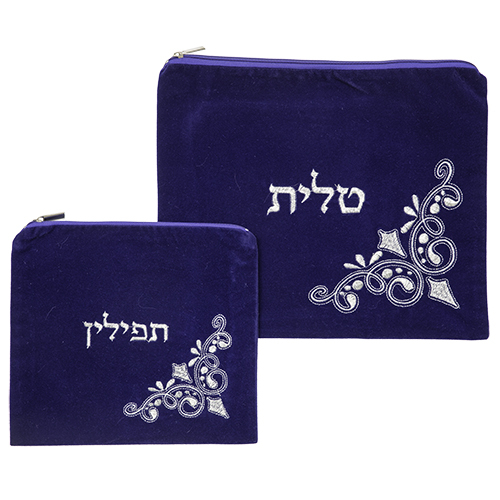 סט טלית תפילין קטיפה כחול בהיר עם רקמה 36*29 ס