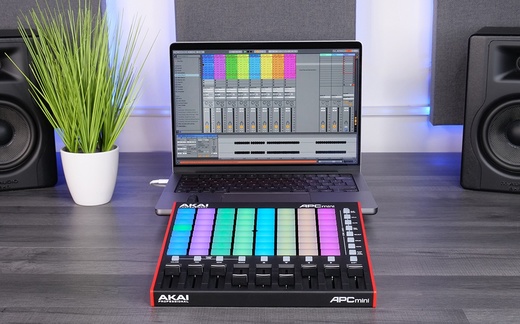 Akai Pro APC mini mk2 with mac laptop on desk