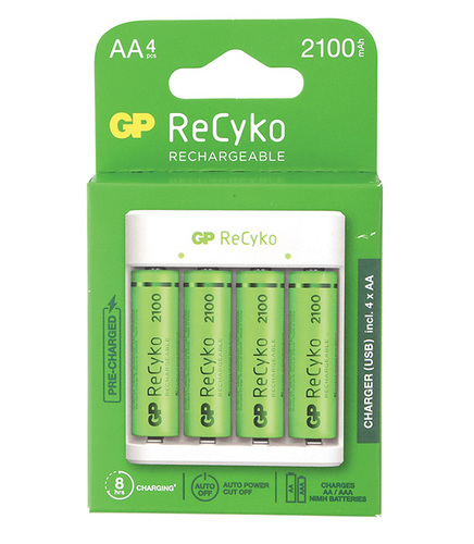 GP AA ReCyKo 2100mAh רביעיית סוללות + מטען USB 