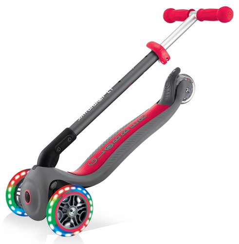קורקינט מתקפל לילדים עם אורות בגלגלים Primo Lights, ידית בגובה משתנה וציפוי מונע החלקה - אפור/אדום