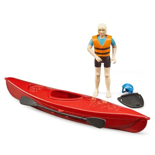 סירת קיאק צף עם דמות חותרת לובשת וסט הצלה וקסדה
