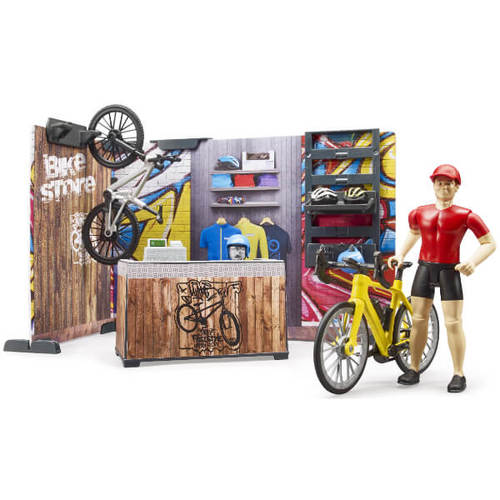 חנות אופניים bworld עם חדר לתיקון אופניים, דמות משחק ושני זוגות אופניים 