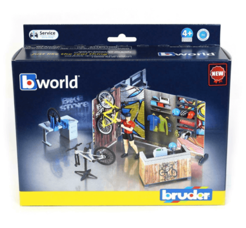 חנות אופניים bworld עם חדר לתיקון אופניים, דמות משחק ושני זוגות אופניים 