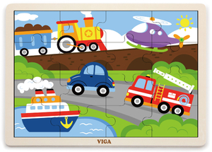 פאזל 16 חלקים מעץ עם מסגרת - כלי תחבורה