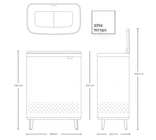 מידות סל כביסה ברבנטיה brabantia עם רגליים מחולק 45+45 - 90 ליטר מקט Y-200540 - עולם הפרזול