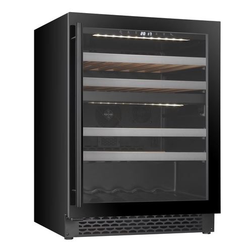 מקרר יין מדחס 39 בקבוקים, שני אזורי קירור, אינטגרלי, שחור, עם מדפי עץ. דגם VI46D
