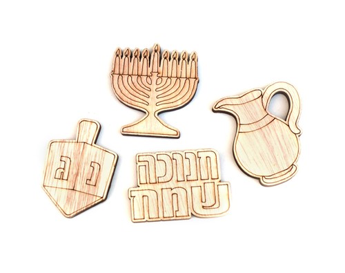 חיתוכי עץ בצורות סמלי חנוכה לצביעה - 8 יחידות
