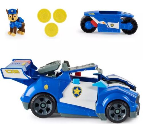 מכונית משטרה של צ'ייס עם אורות וצלילים, מגן, תותח דיסקיות ואופנוע חבוי המשוגר קדימה ממפרץ הרפתקאות